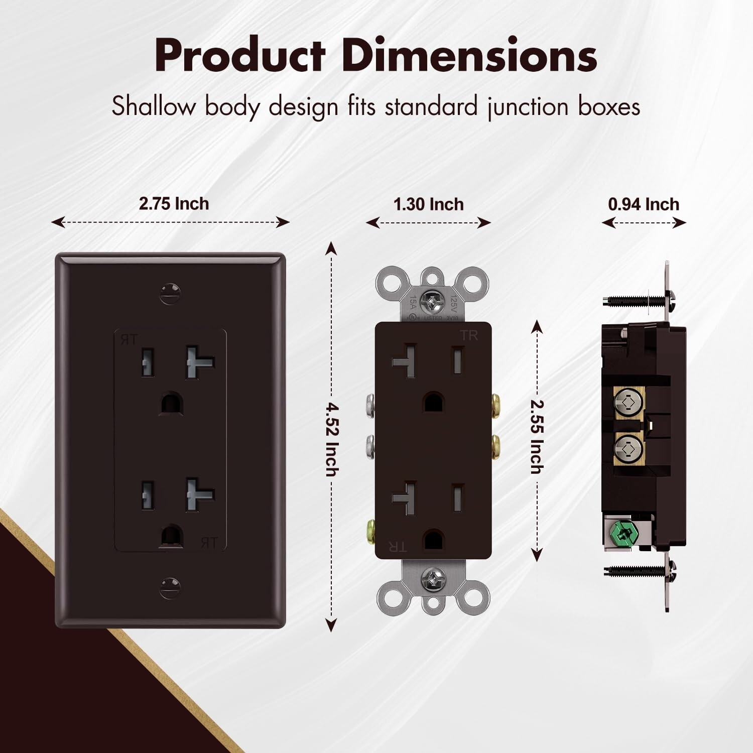 10pack Brown Outlet Socket, Decora Duplex Receptacle, 20 Amp 125 Volt With Plate
