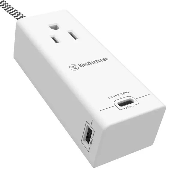 Westinghouse 12FT Single Outlet Fabric Extension Cord with USB-C and USB-A Ports