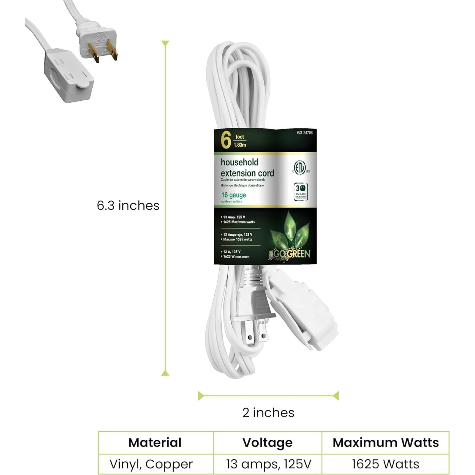 GoGreen Power Inc. (G-24706-5) 16/2 6′ Household Extension Cord, 3 Outlets, Whit