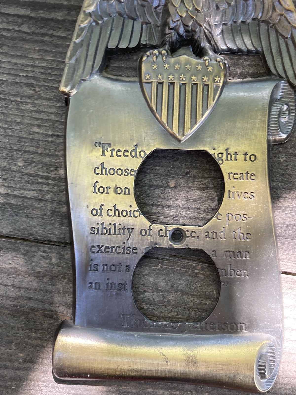 Vintage 1967 M.C. Co Eagle Duplex Outlet Cover Thomas Jefferson Quote GIM 3077