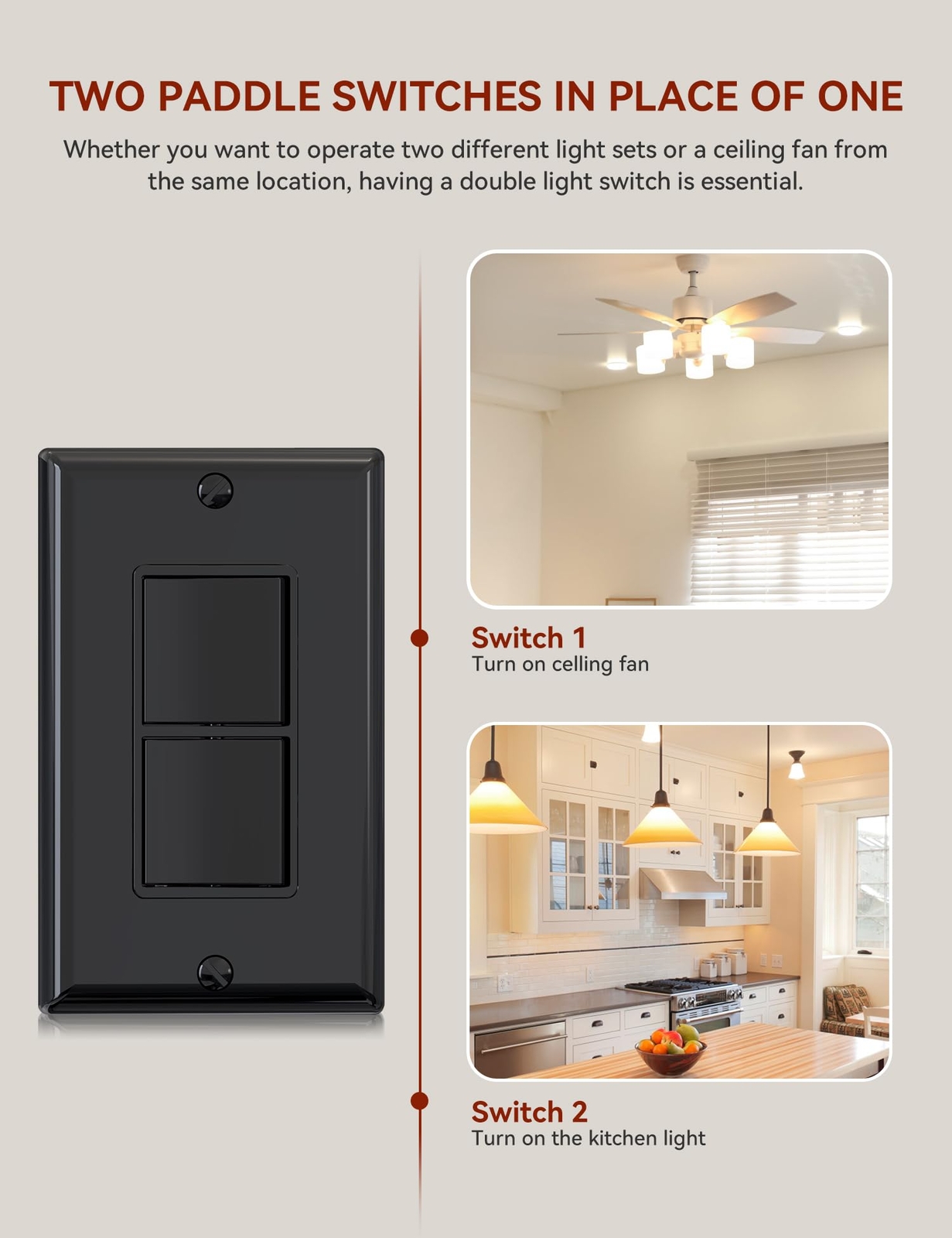 Decorator Double Rocker Light Switch Two Single Pole Electrical Paddle Switc
