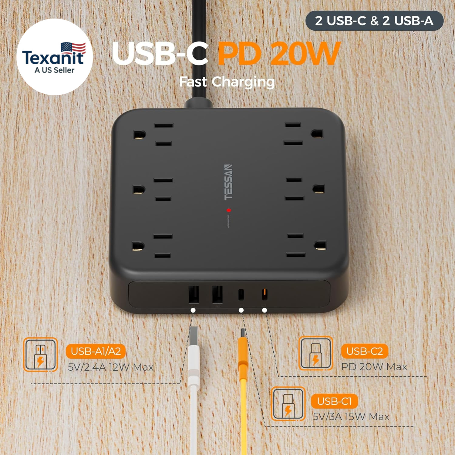 10FT Surge Protector Power Strip 6 Outlets 4 USB Ports USB C 2100J