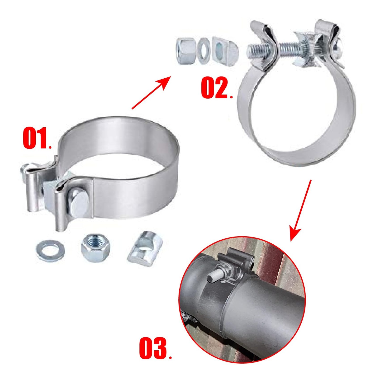 2.5 Inch Exhaust Clamp, 2.5″ Narrow Band Muffler Clamp, Stainless Steel, 2pcs