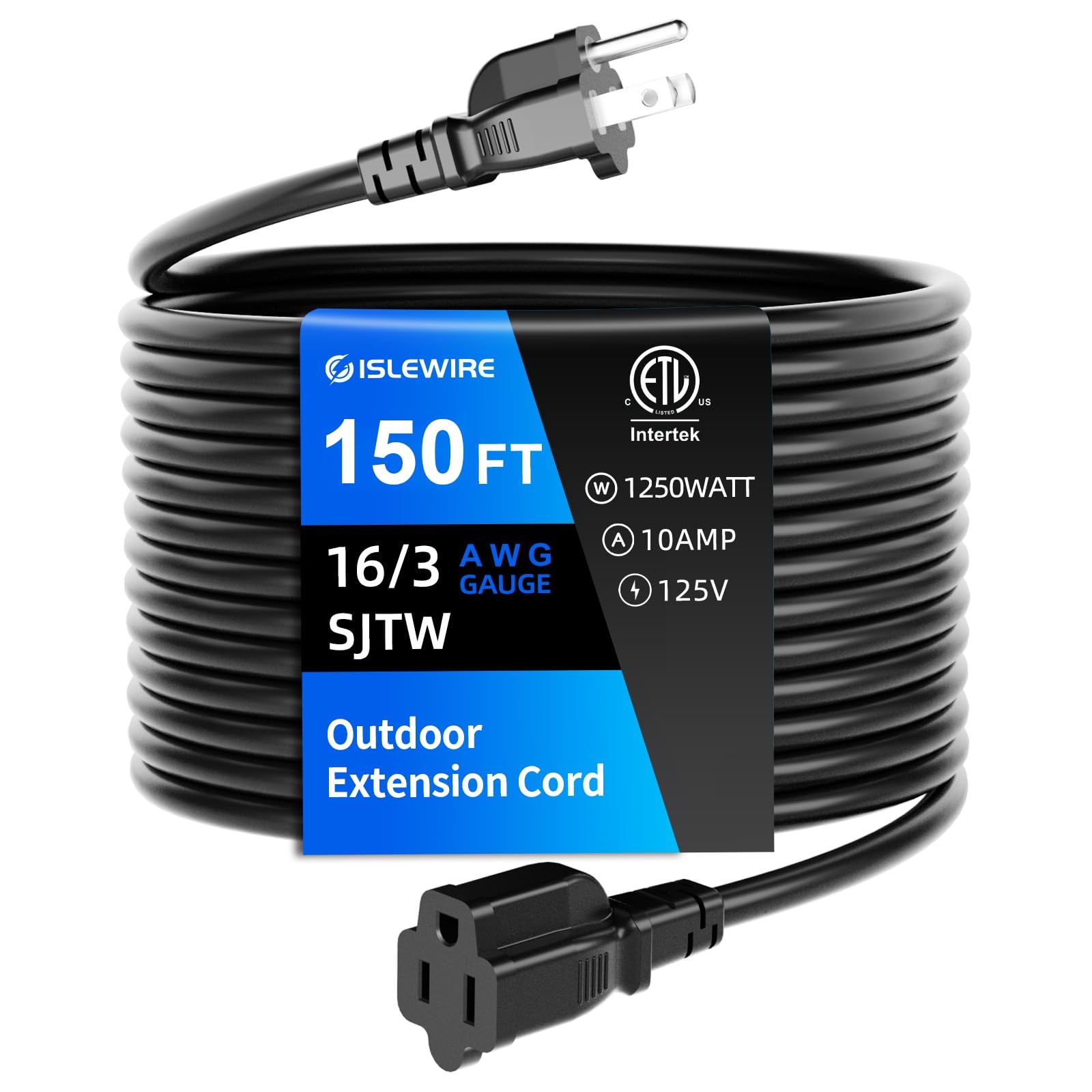 islewire 150 FT Outdoor Extension Cord Waterproof, Black, 3-Prong Power Cord,…