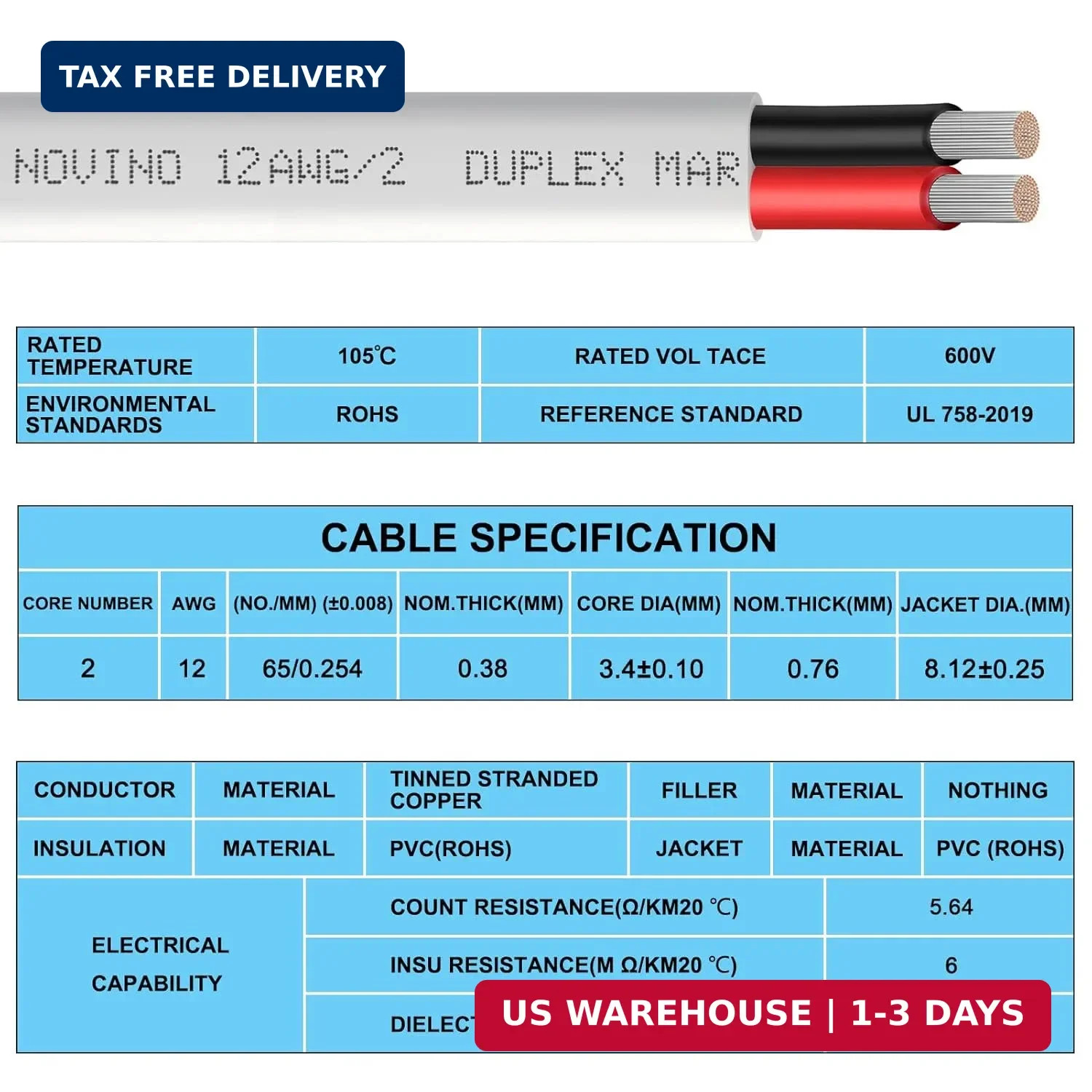 12 Gauge Marine Wire,12 AWG Duplex Marine Grade Wire,30ft Tinned Copper Boat Ele