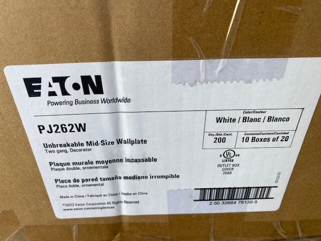 (CASE OF 200) EATON Wiring PJ262W 2 Gang Unbreak Decorator Wall Plate, White