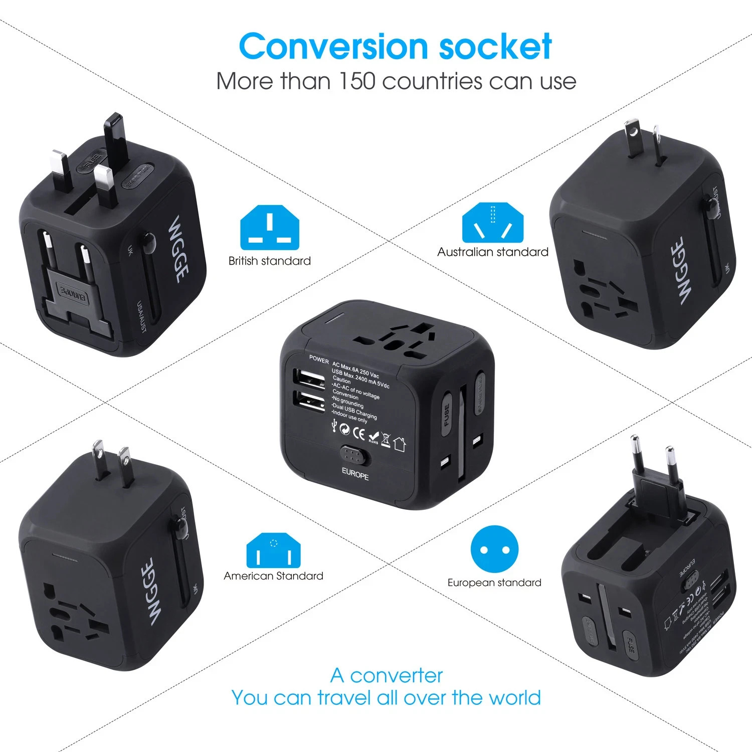 Travel Adapter,WGGE Multi-Nation Travel Adapter, All-in-one International Power
