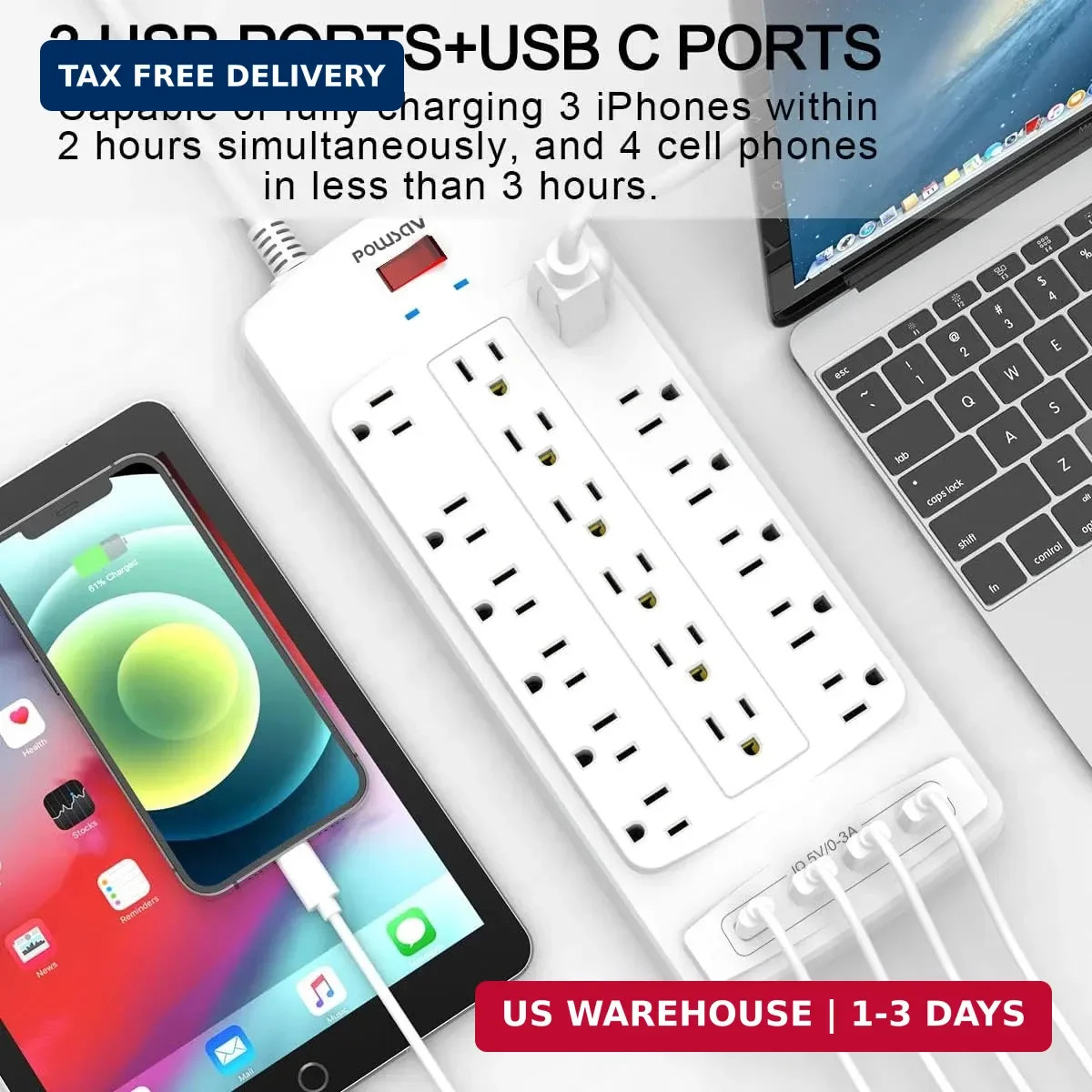 Robust 10 Feet Power Strip with 18 Outlets & USB Ports – Surge Protection 2100J
