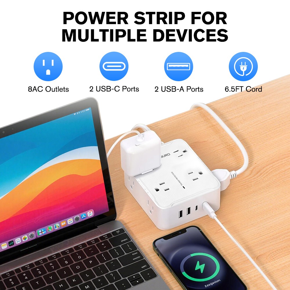 Power Strip with Multi Outlet USB C Charger 6.5 FT Extension Cord Flat Plug