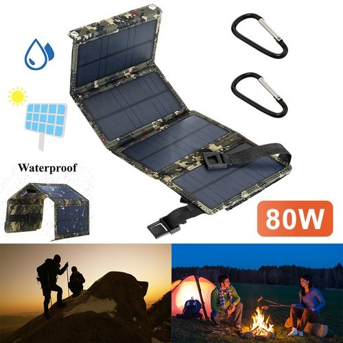80W Foldable USB Solar Panel Charger Power Bank for Camping Hiking