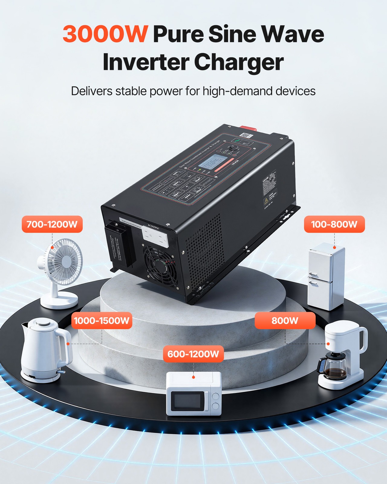 VEVOR Pure Sine Wave Inverter Charger 3000W DC 12V to AC 120V Power Inverter LCD