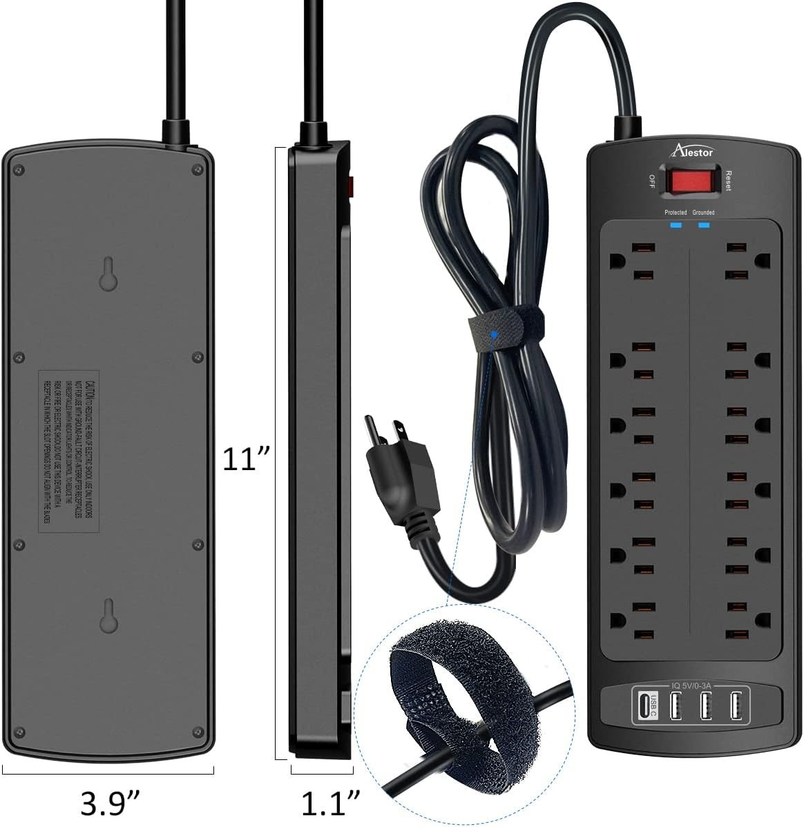 Smart Charging 12-Outlet Power Strip & 4 USB Ports – 6 ft, Black, Listed