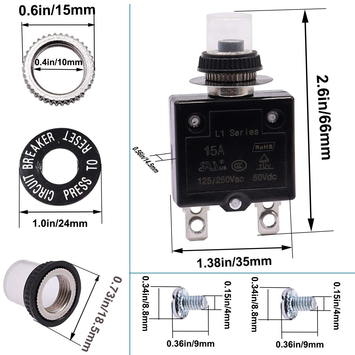 mxuteuk 2Pcs 30Amp Circuit Breakers Push Button Manual Reset 125/250V AC 30A
