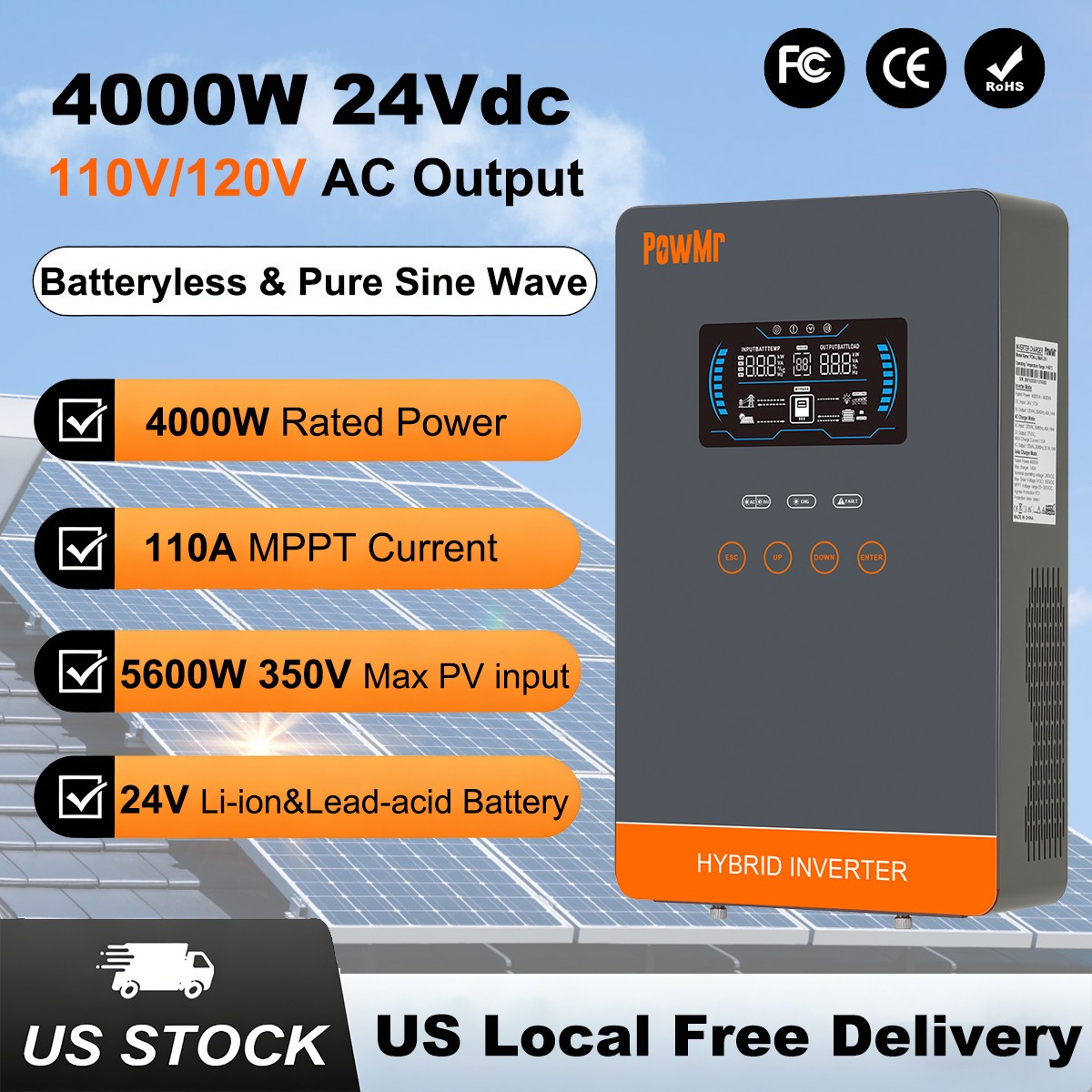 4000W 24V Solar Hybrid Inverter Off-Grid DC 120V AC 140A MPPT Charge Controller