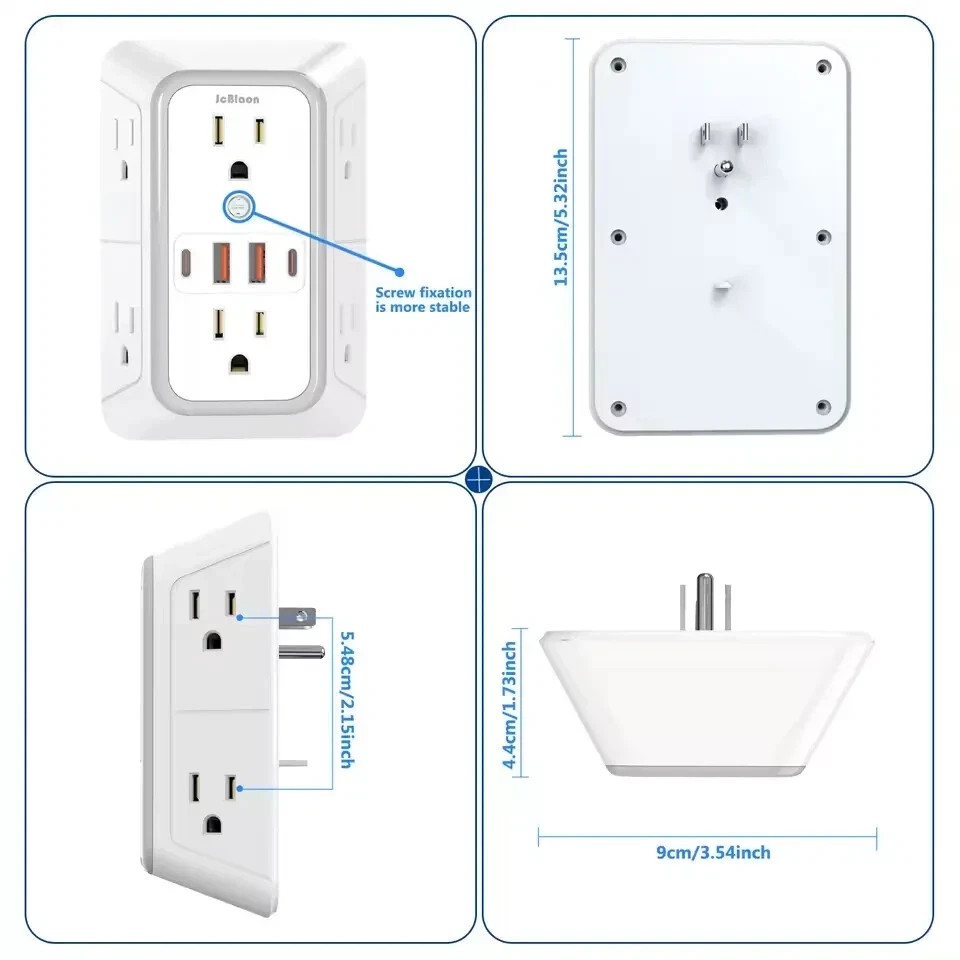 6 Outlet Extender Surge Protector Multi Plug Wall Adapter USB Charger Ports with