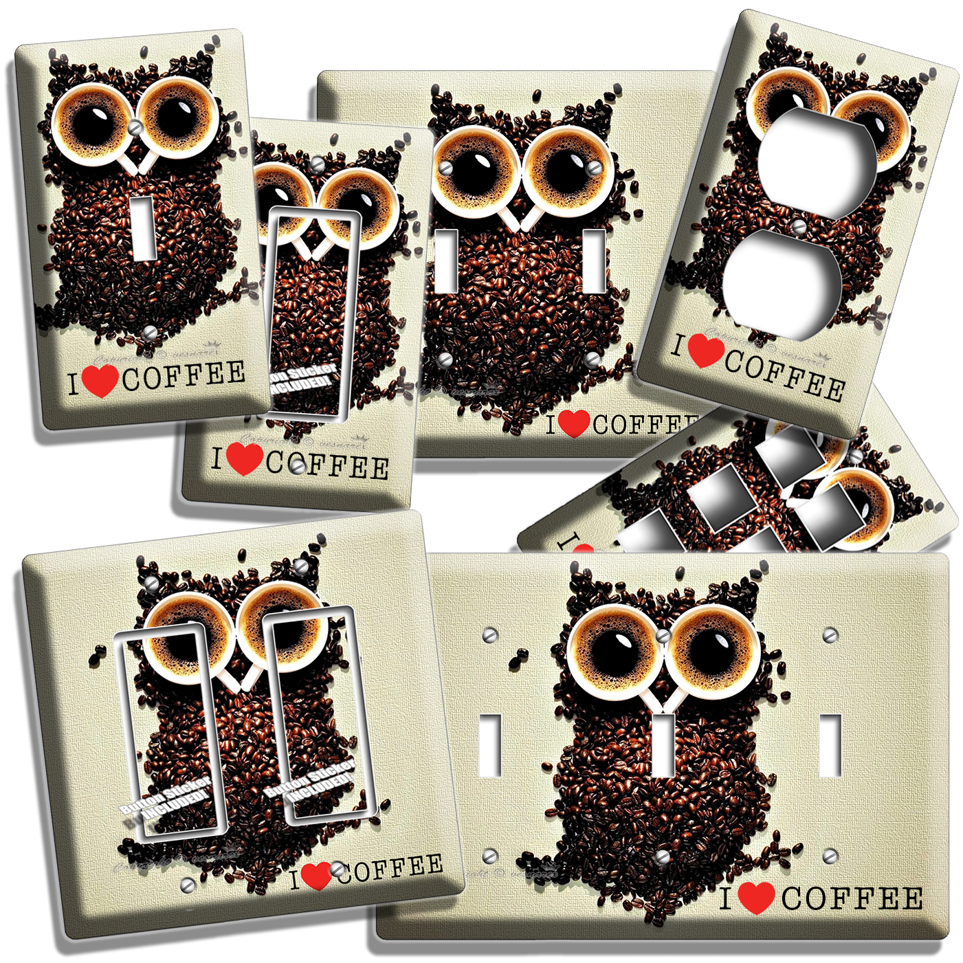 I LOVE COFFEE BEANS OWL LIGHT SWITCH OUTLET WALL PLATES KITCHEN DINING ROOM CAFE