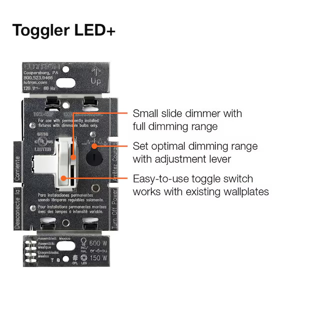 Lutron Toggler 150W LED Dimmer Switch Single-Pole 3-Way White TGCL-153P 3 PACK