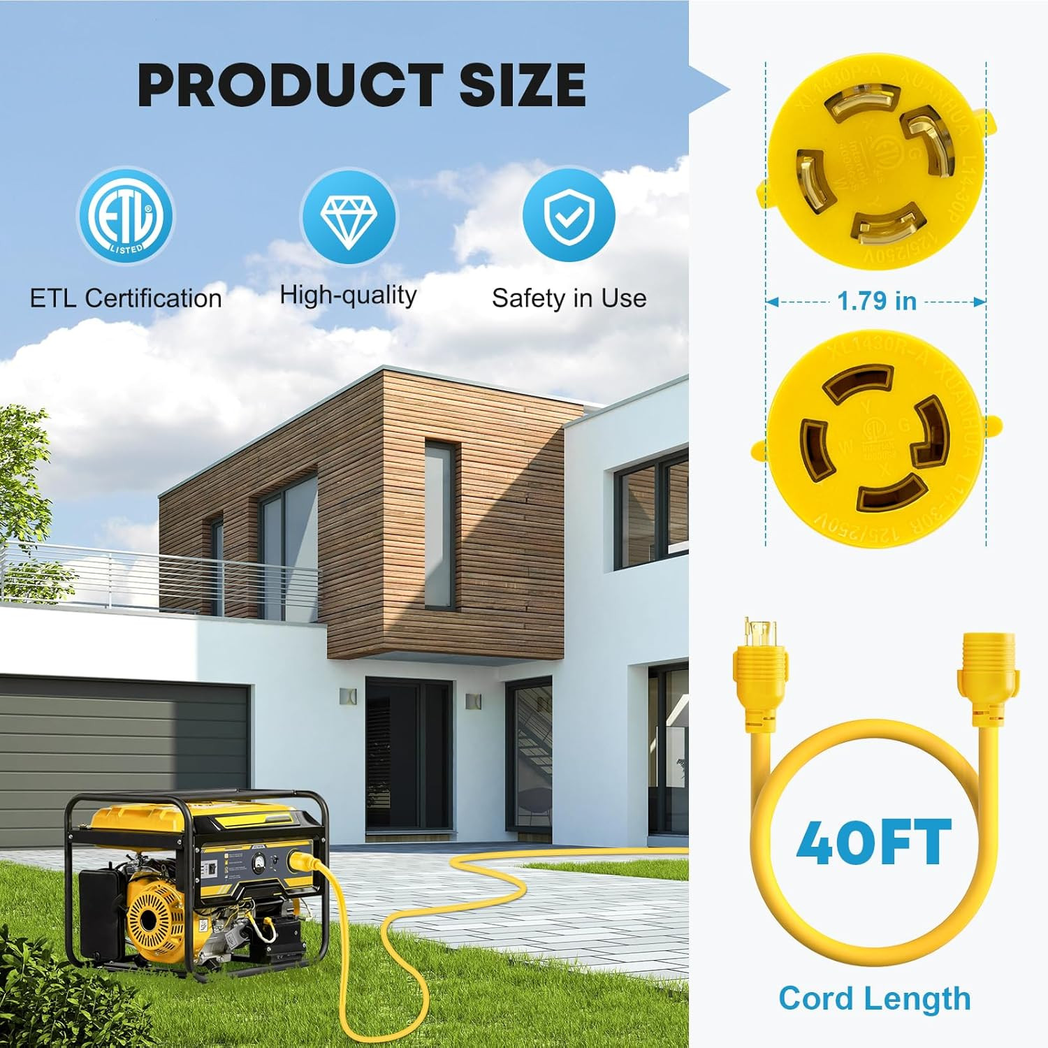 30 Amp Generator Extension Cord 4 Prong 40FT, NEMA L14-30P/L14-30R, 125/250V 750