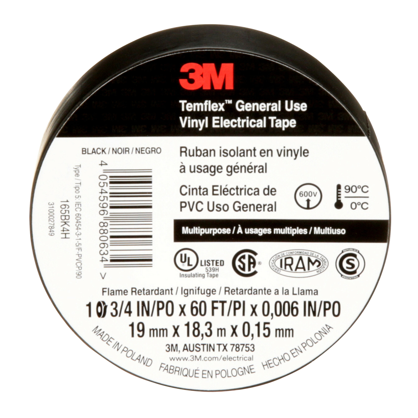 3M Temflex Vinyl Electrical Tape 165, Black, 3/4 in x 60 ft x .006 in