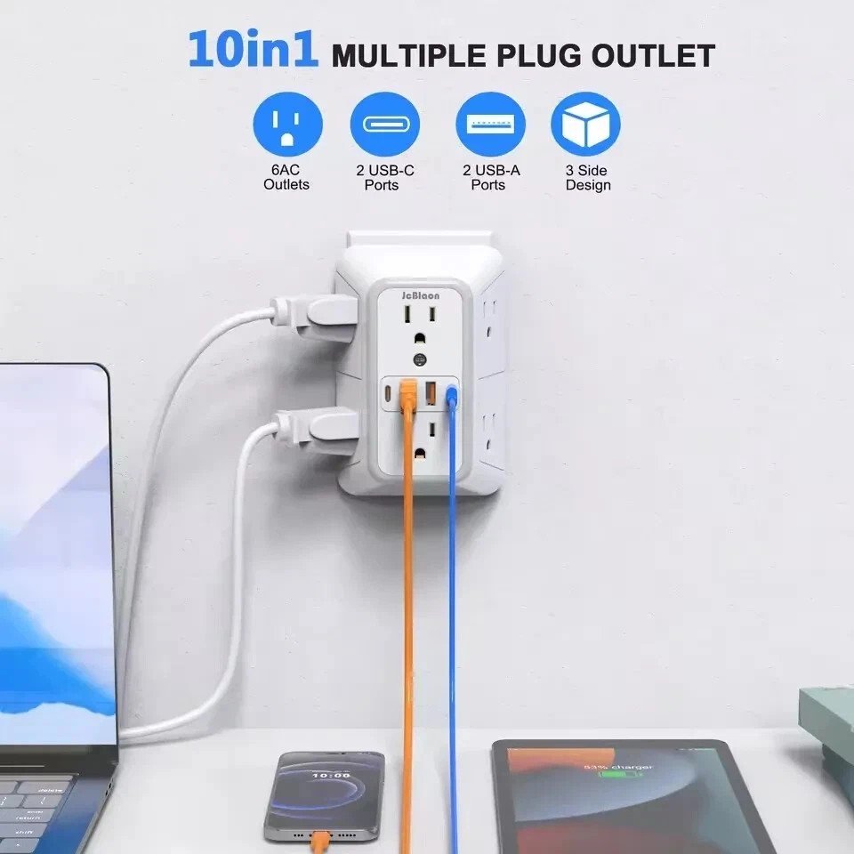6 Outlet Extender Surge Protector Multi Plug Wall Adapter USB Charger Ports with