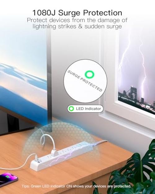 Surge Protector Power Strip 10 ft with 4 USB Ports 2 USB-C 6 AC 10FT White&Grey