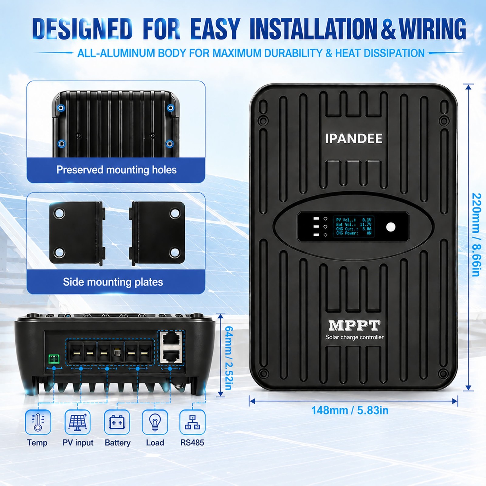 Smart MPPT Solar Charge Controller 40A 12V/24V w/Bluetooth App Wireless Control