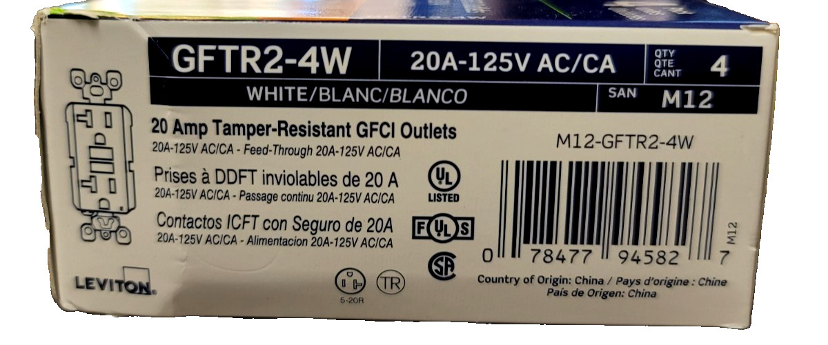 Leviton (GFTR2-4W) Self-Test Smartlock Pro Slim GFCI Tamper-Resistant Outlet NEW