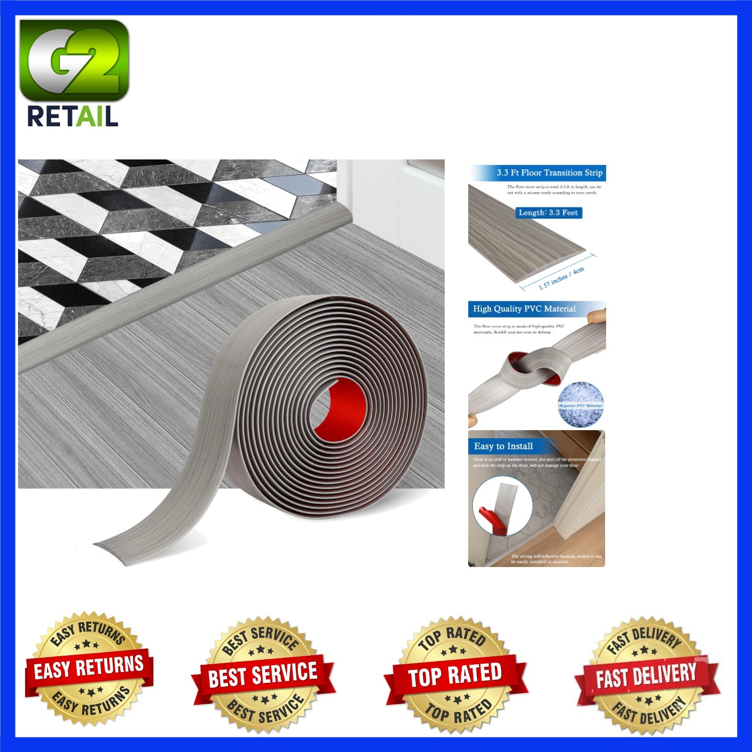 Durable Vinyl Flooring Transition Strip – Easy Install, 3.3Ft, Gray Wood Finish