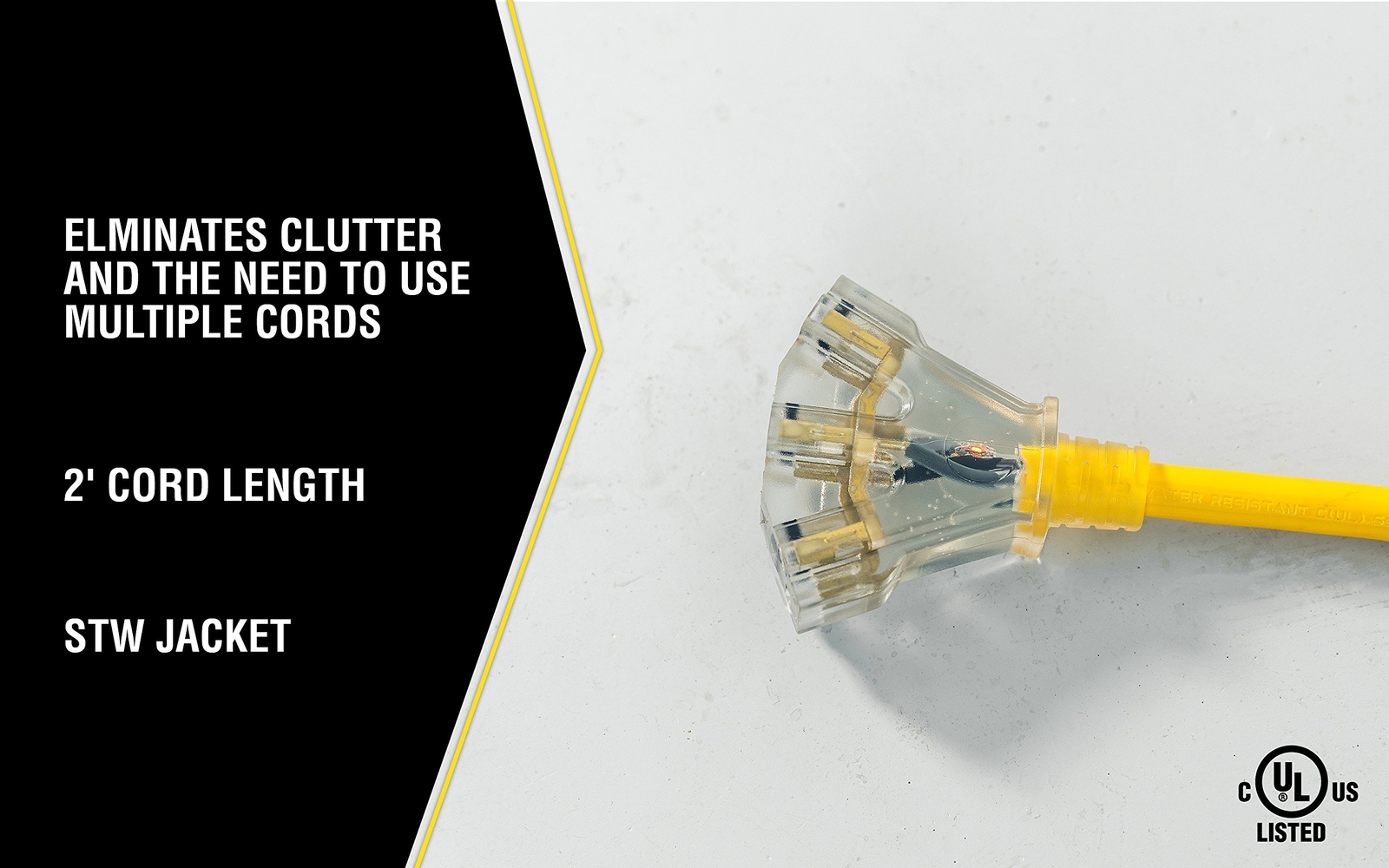Yellow Jacket 2882 Heavy Duty 2ft Power Cord 3 Way Plug Lighted End 15 Amp