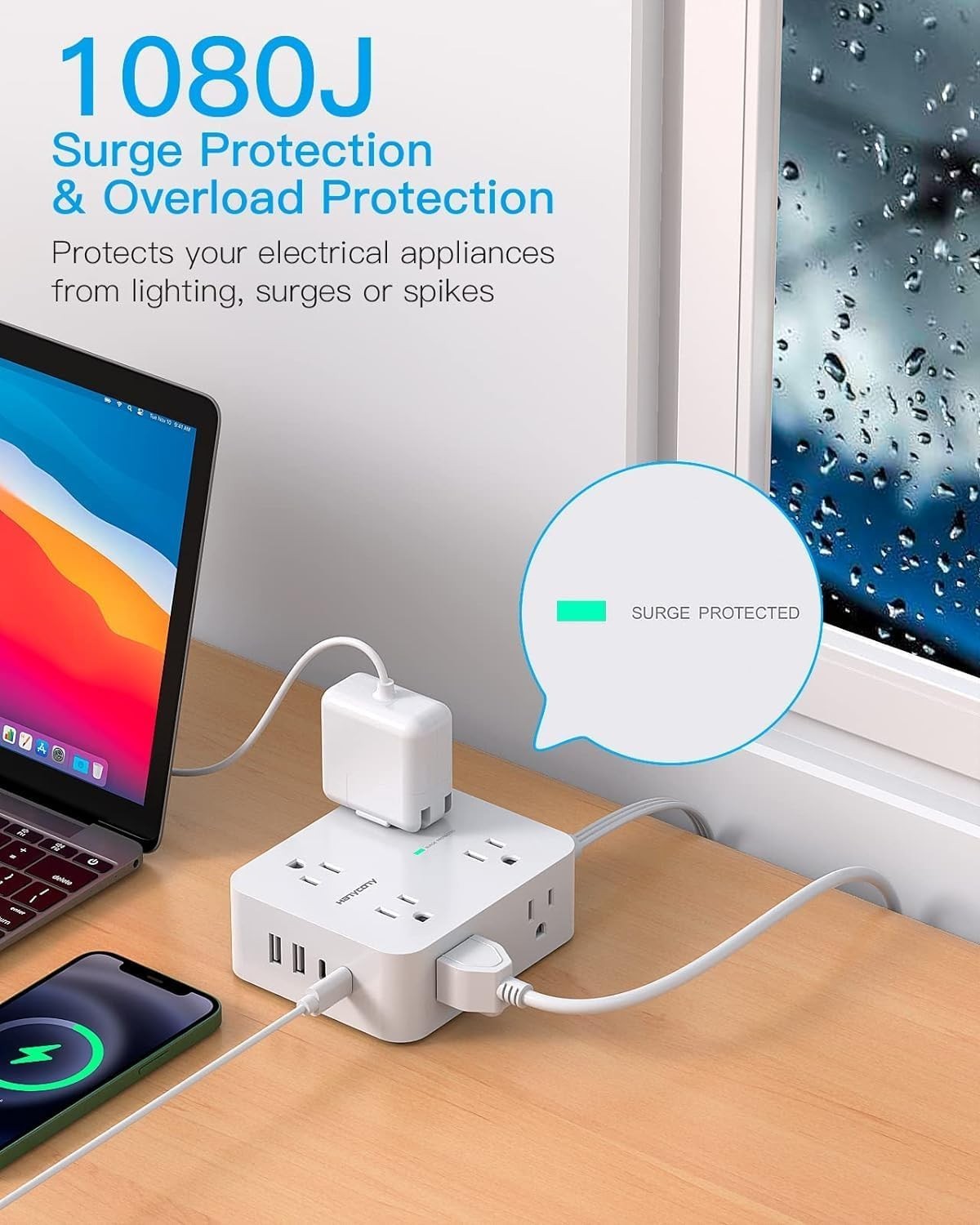 Ultra Thin 5ft Power Strip with 8 Outlets & 4 USB Ports – Safe for All Devices