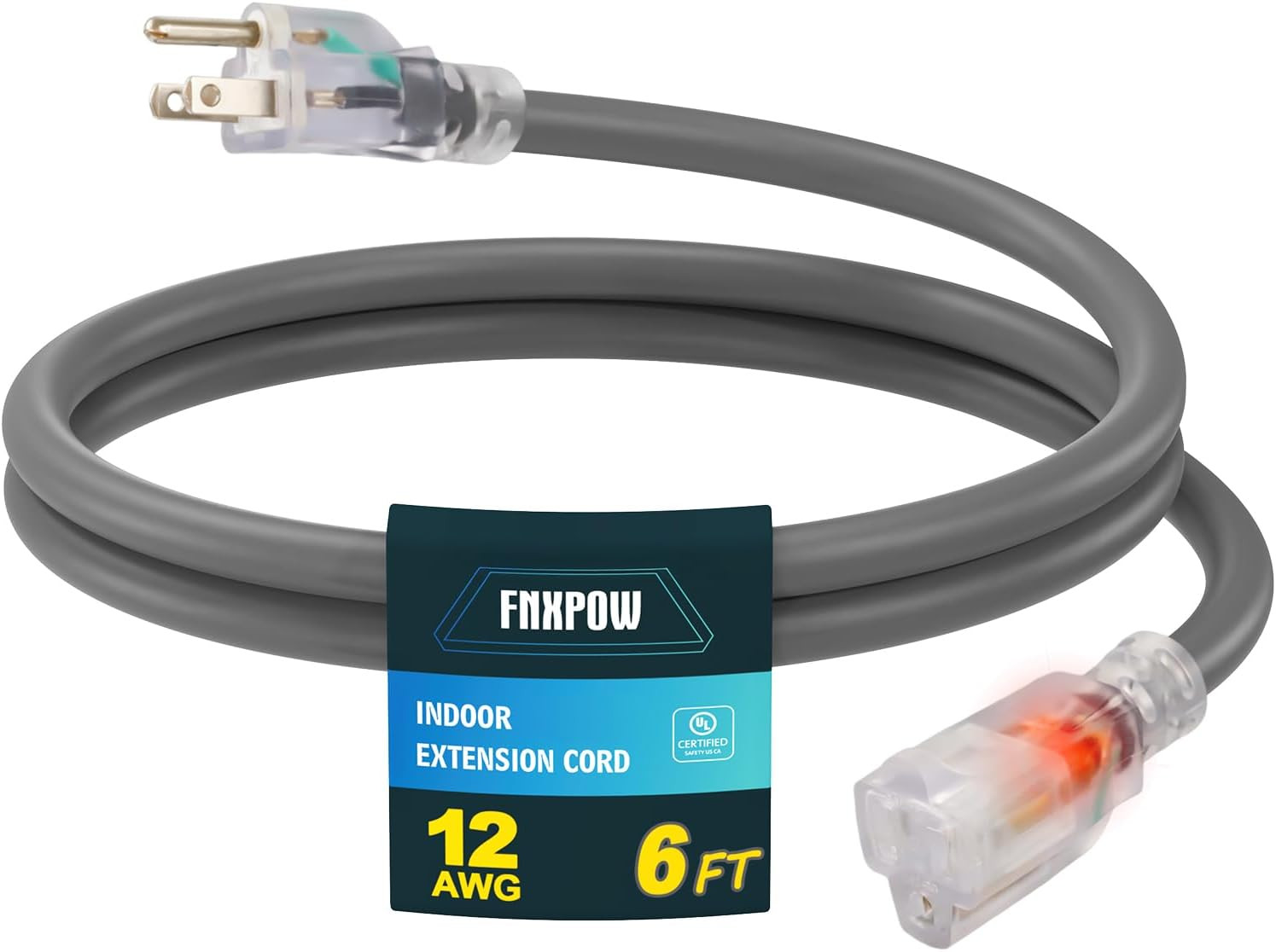 Indoor Outdoor Extension Cord, 12 Gauge 3 Prong Weatherproof Heavy Duty Gray Ext