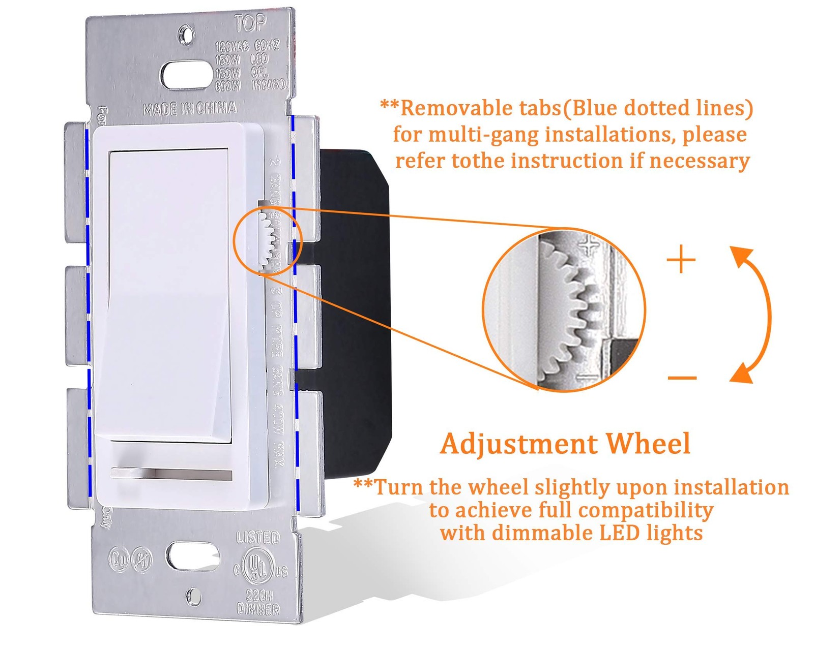 in Wall Dimmer Switch for LED Light/CFL/Incandescent,3-Way Single Pole Dimmable