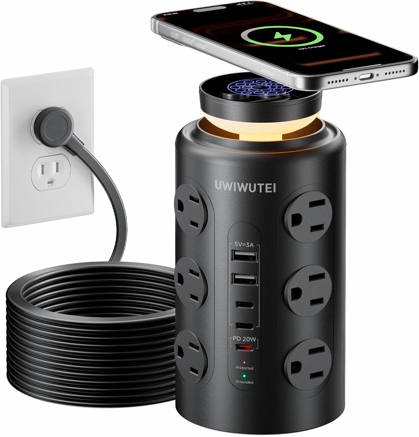 Tower Power Strip Surge Protector with Wireless Charging & Night Light – PD20W F
