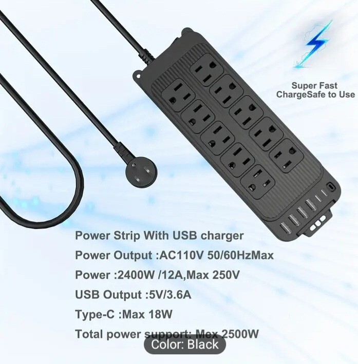 Power Surge Protector with 10 Outlets & 4 USB Ports & 2 USB-C Port (5V/3A),