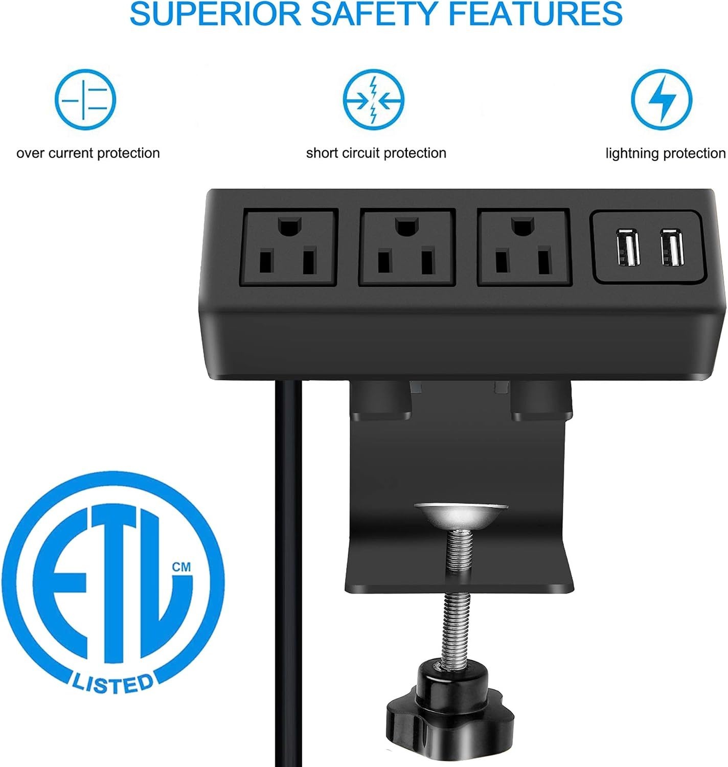 Versatile Desk Power Strip with 3 AC & 2 USB Ports – Clamp Mount for Easy Setup