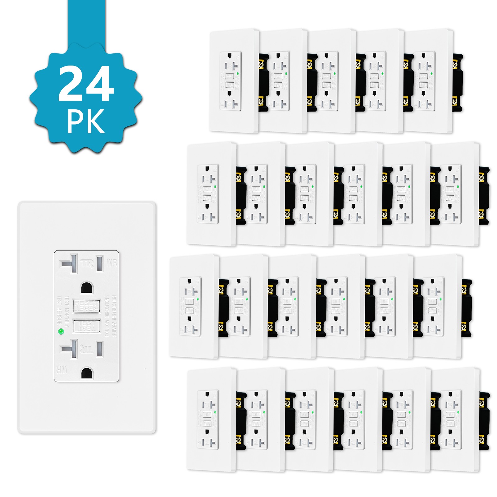 24Pack 20AMP GFCI GFI Safety Outlet Receptacle w/ Wall Plate LED Indicator TR WR