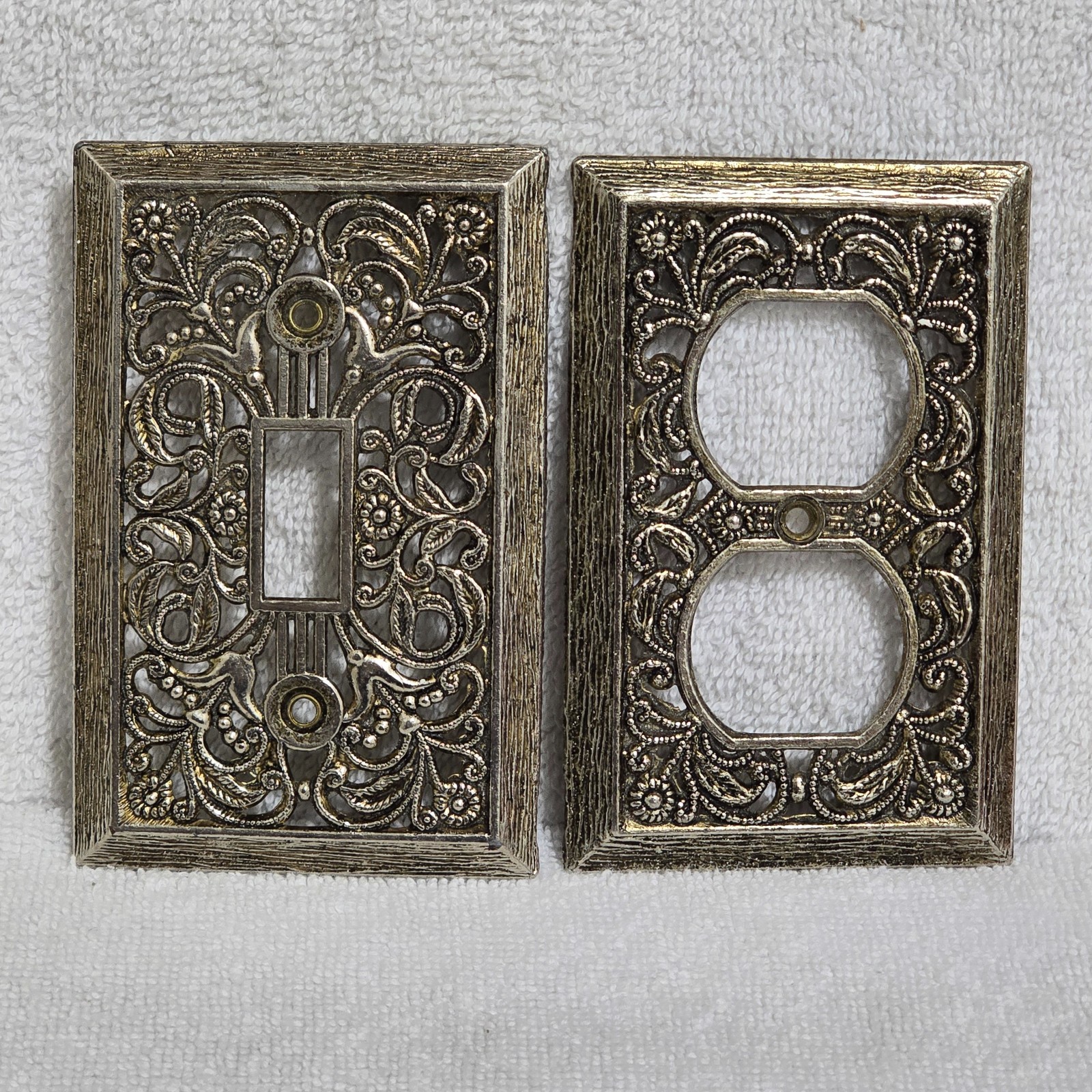 Vintage Hollywood Regency Silver Gold Filigree Switch & Outlet Plate Cover Set