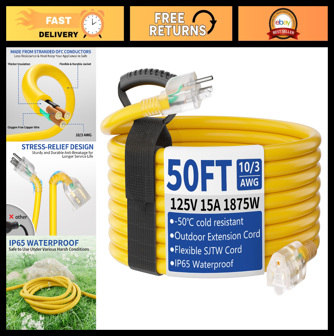 50ft Heavy Duty Extension Cord, 10/3 Gauge, Waterproof, Flexible, Lighted 15A 12