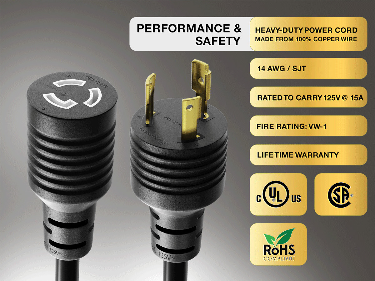 15ft NEMA L5-15P to L5-15R Locking Power Extension Cord 14AWG 15A/125V SJT, B…