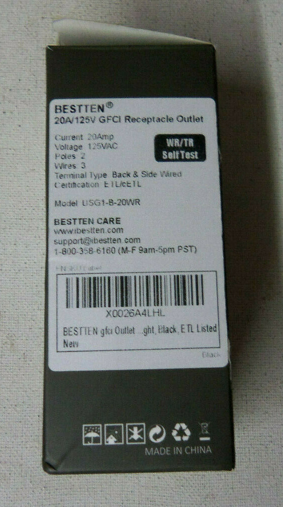 BESTTEN GFCI RECEPTACLE OUTLET 20A/125V BACK & SIDE WIRED USG1-B-20WR uns nib