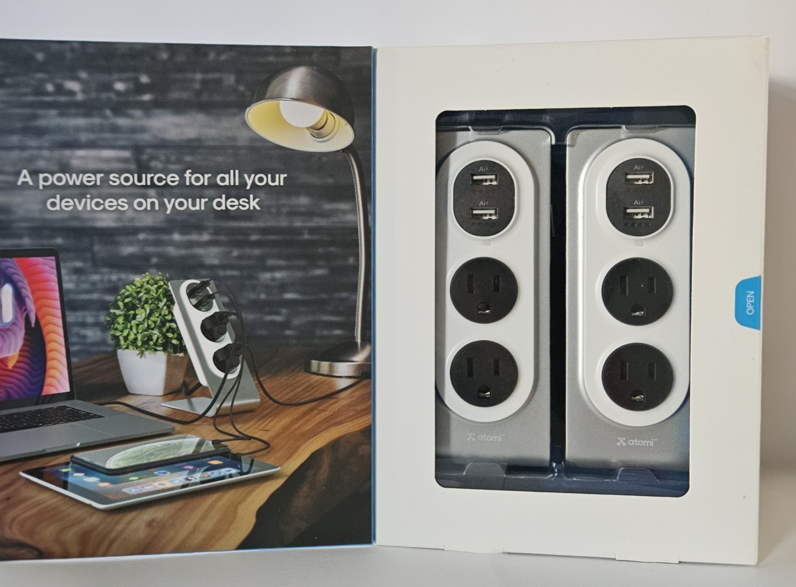 Atomi Desktop Surge Protector Charger 5ft Silver/White Open Box
