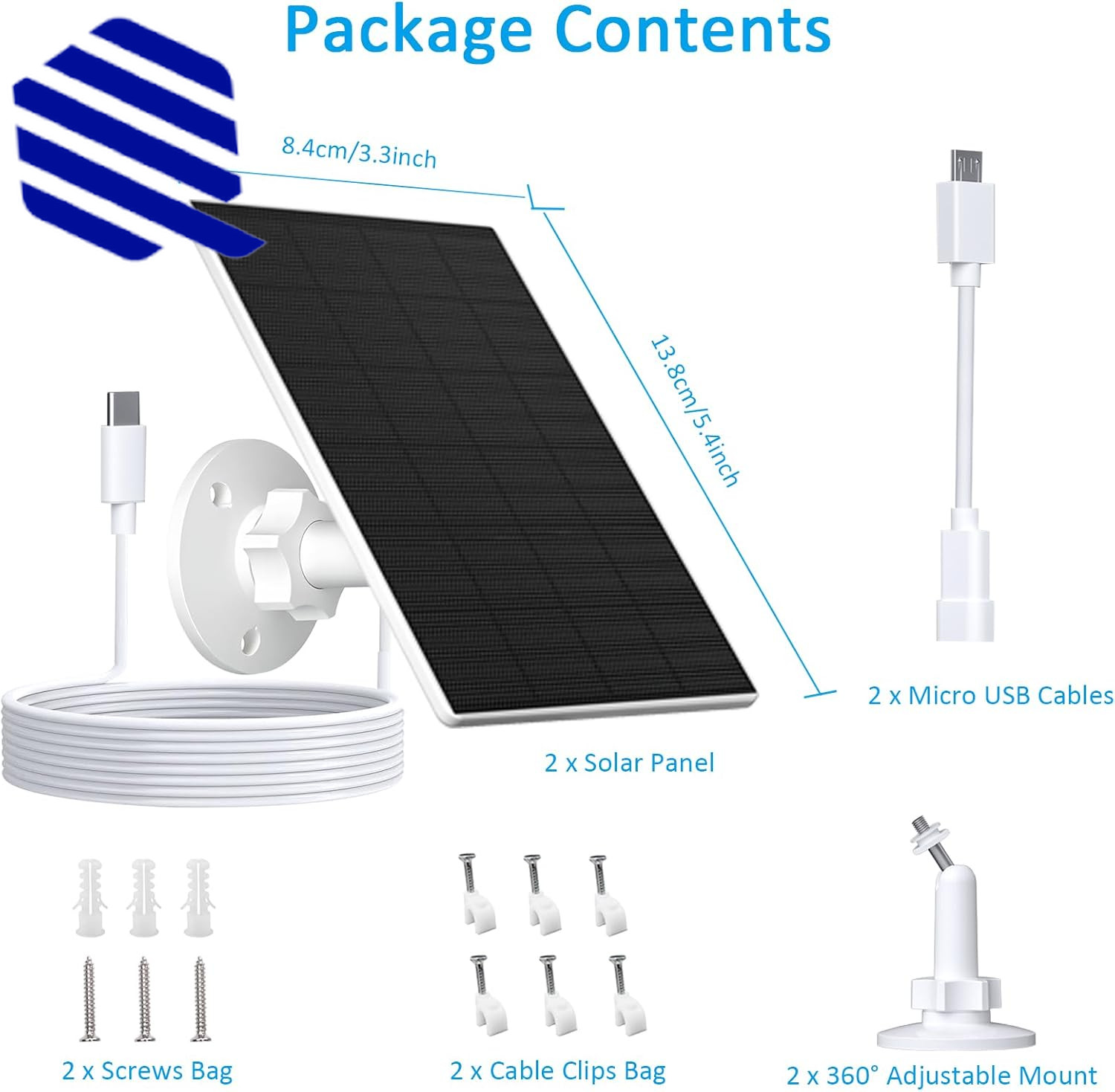 Solar Panel for Security Camera Outdoor USB/USB-C Charger with IP65 2 Pack NEW