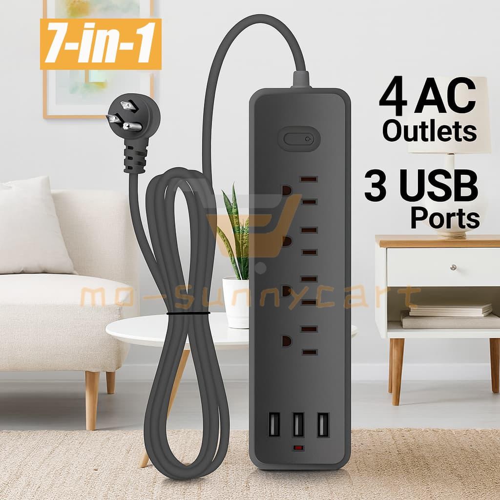 Power Strip Surge Protector 7-IN-1 Multi-functional Outlets Extension Cord 3 USB