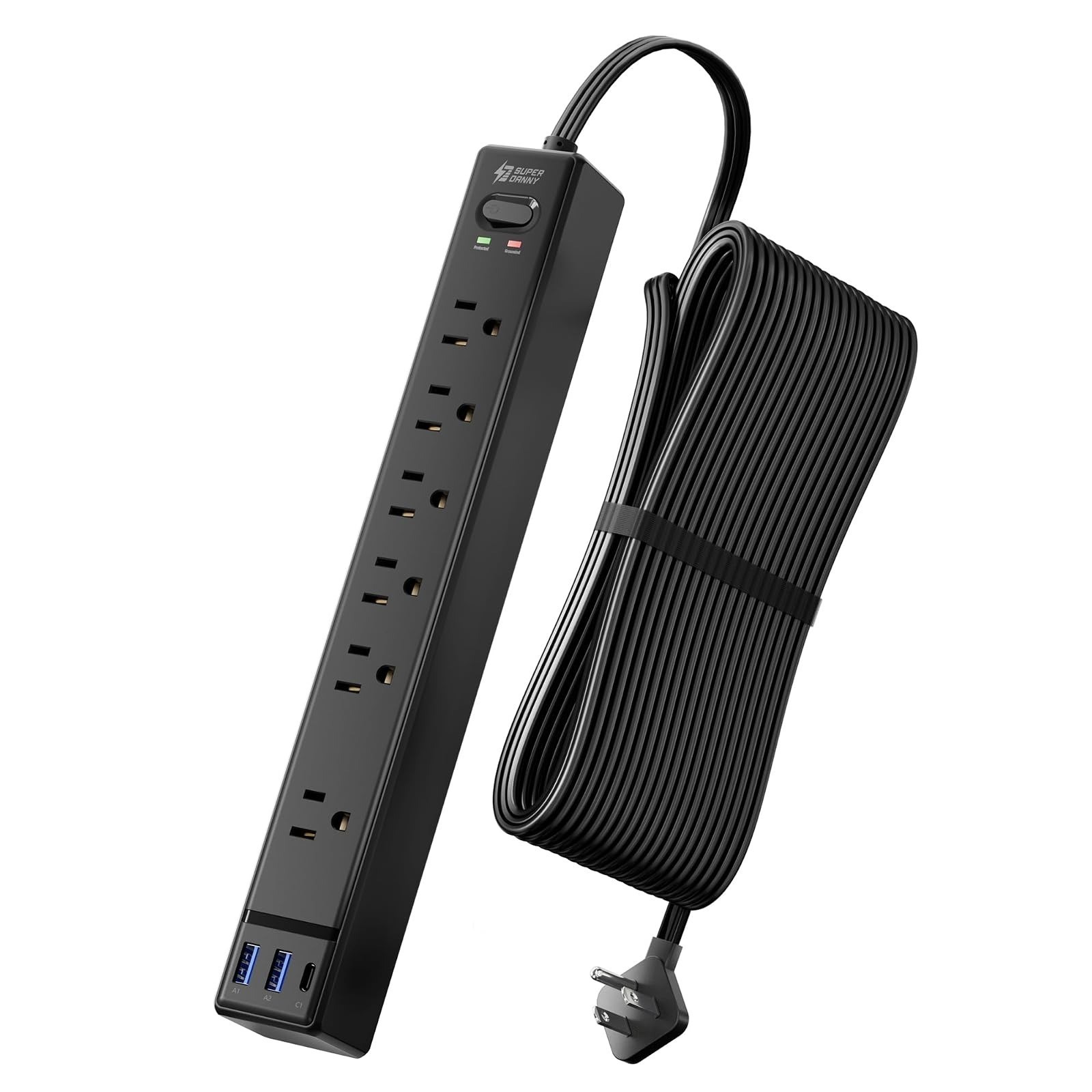 SUPERDANNY 10Ft Surge Protector Power Strip with 6 Outlets & 3 USB Ports