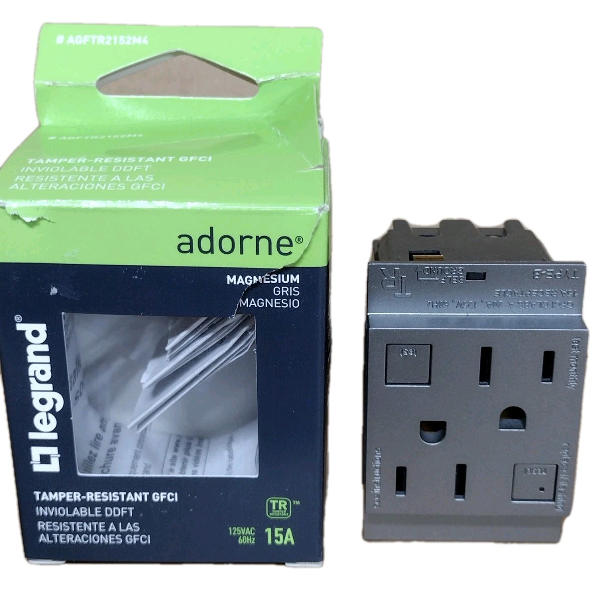 Legrand Adorne 15A Tamper Resistant GFCI Outlet Magnesium 370492