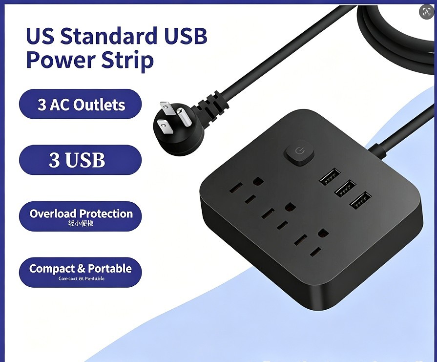 Flat Plug Strip 6 AC Outlets 3 USB Charging Ports 900J Surge Protector 4Ft Cord