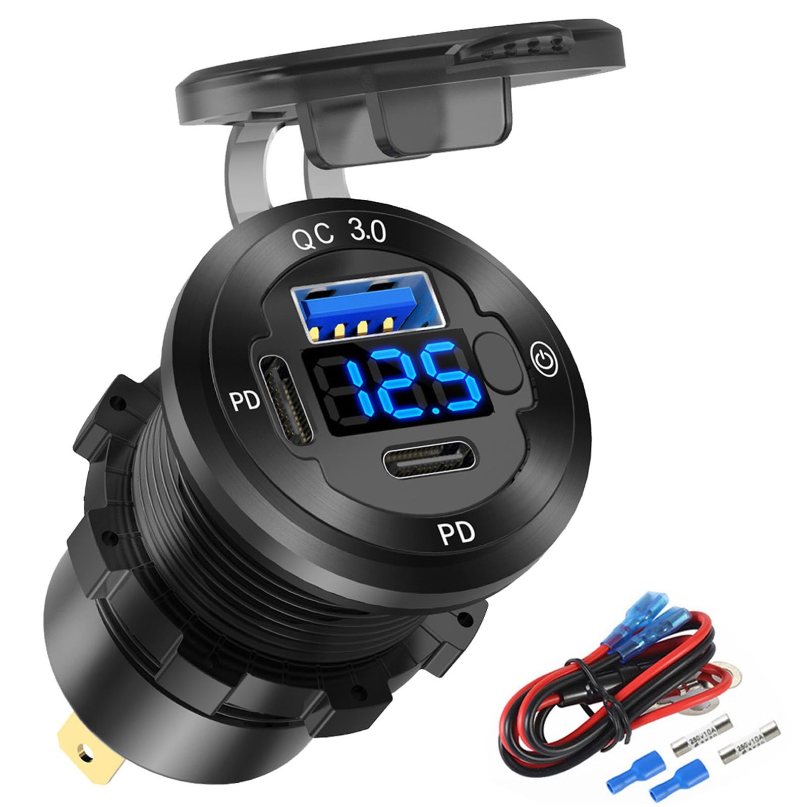 12V USB Car Socket Round C Outlet, 3-Port Marine Fast pack of one