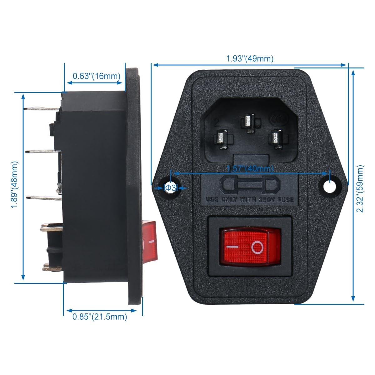 2pcs Inlet Module Plug Fuse Switch Male Power Socket 10A 250V 3 Pin C14 IEC32…