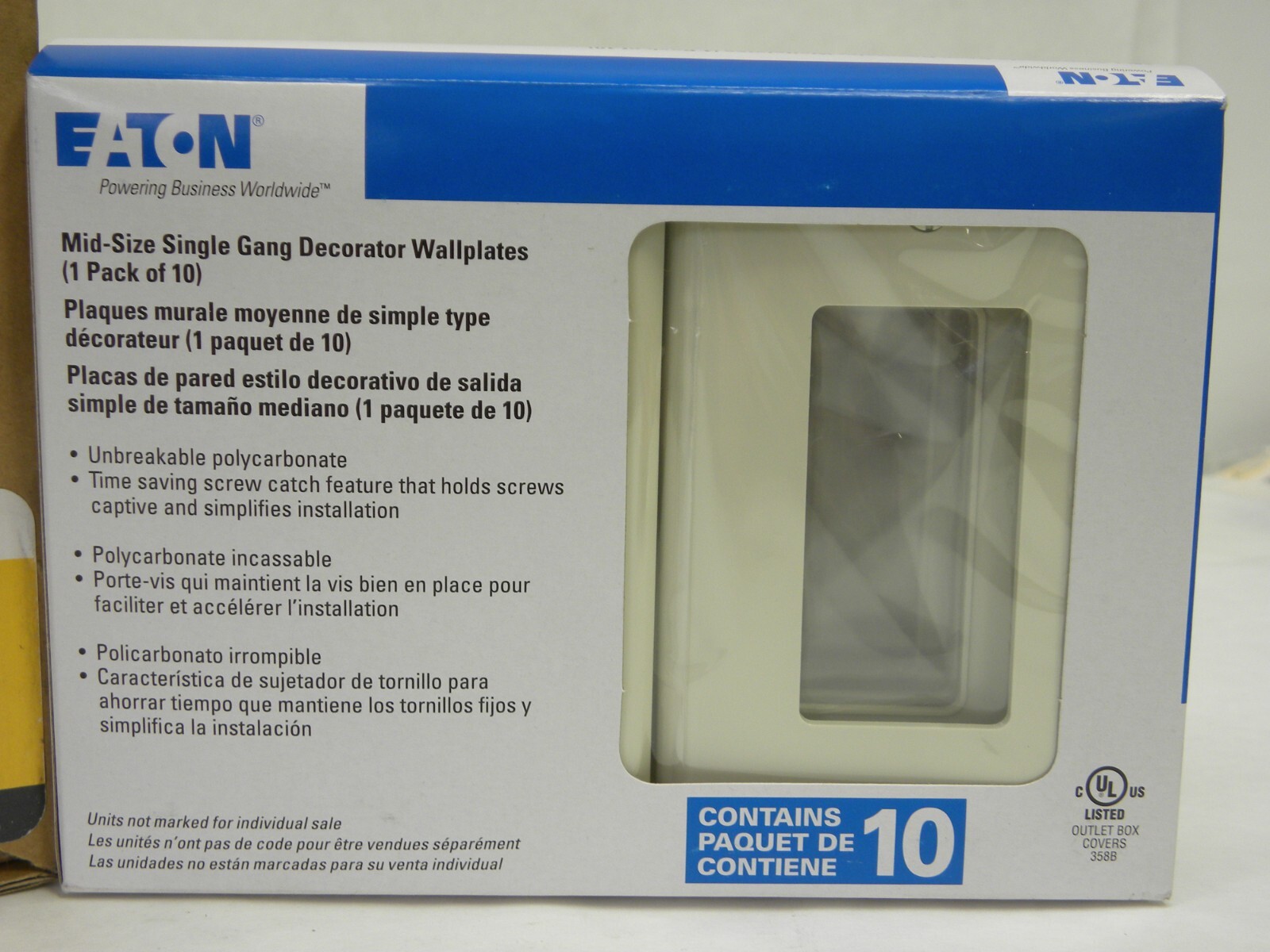 BOX OF 10 – Eaton 1-Gang Light Almond Polycarbonate Indoor Decorator Wall Plate