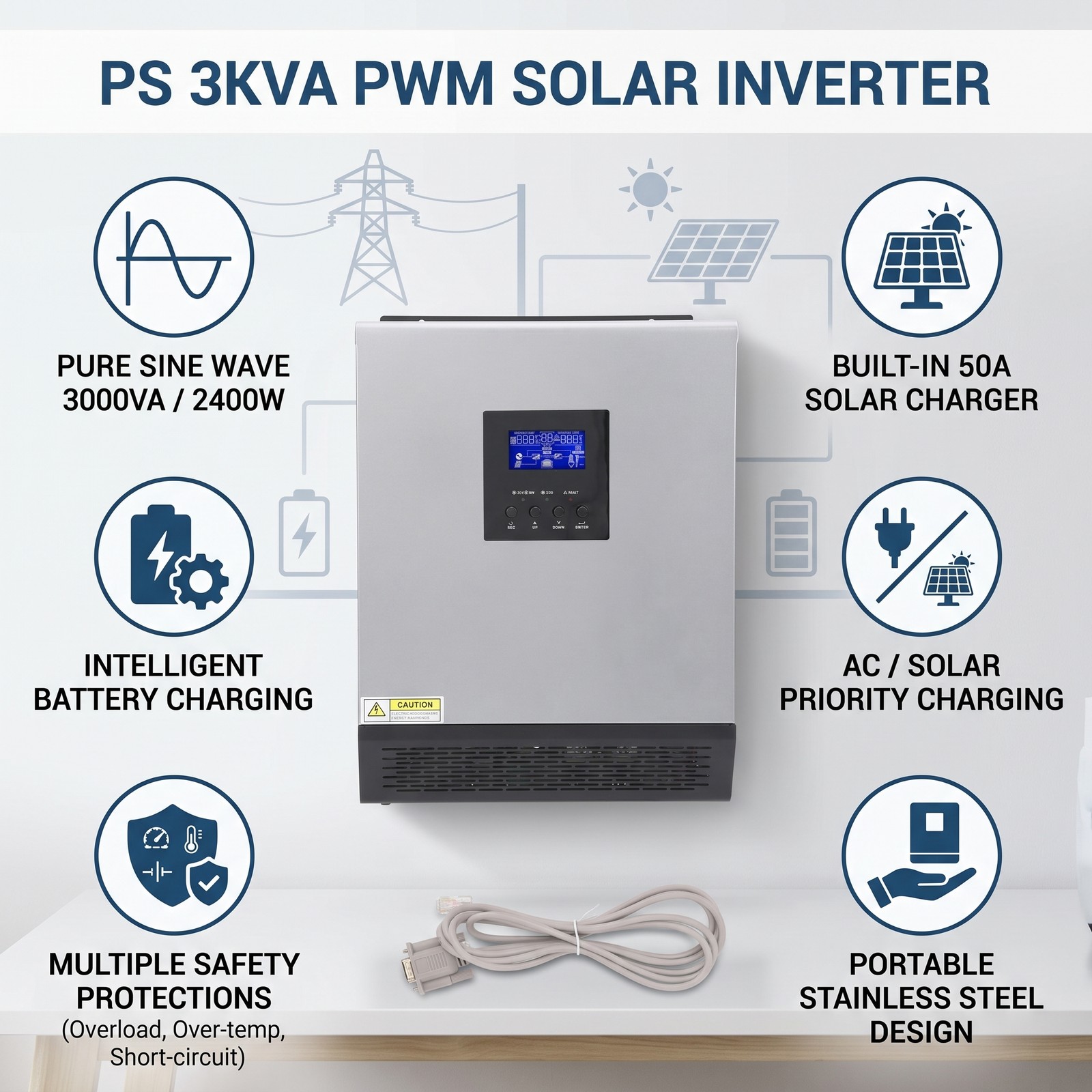 2400W PWM Solar Inverter 3KVA 24V DC 120V AC Multifunctional Battery Charger